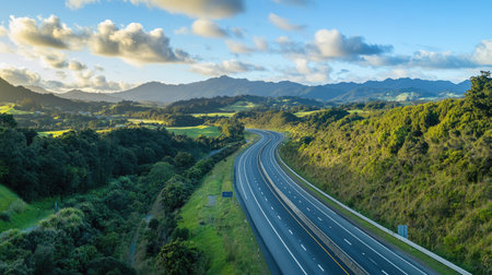A scenic shot of a motorway cutting through lush countryside, with mountains in the background, highlighting the beauty of road travel and nature.の素材