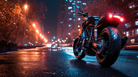 A shot of a motorbike parked by the roadside at night, with city lights reflecting off its surface, symbolizing freedom and the allure of night rides.の素材