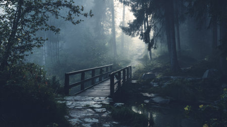 A tranquil forest scene featuring a wooden bridge over a serene stream, surrounded by lush greenery and mist. Perfect for nature lovers and peaceful retreats.の素材