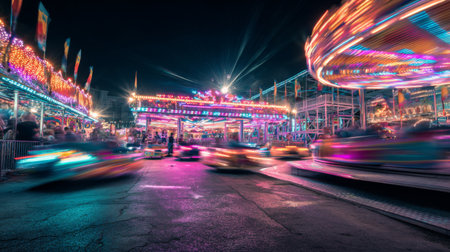 A mesmerizing carnival scene filled with colorful lights and thrilling rides captured in a long exposure at night, showcasing the joy and excitement of festivities.の素材
