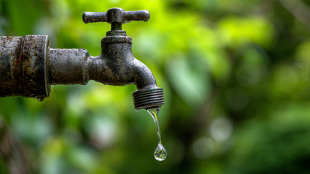 An artistic close-up view of an old rusty faucet with a drop of water ready to fall, surrounded by a lush green background, emphasizing nature's beauty and conservation.の素材