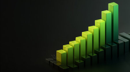 This abstract image features colorful bars rising against a dark background, symbolizing growth and progress in business, finance, and data analysis.の素材