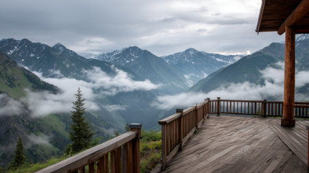 Breathtaking view of mountains surrounded by fog and clouds from a charming wooden deck, offering a serene escape into nature's stunning wilderness landscape.の素材
