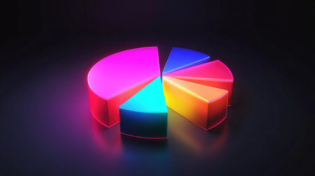 A segmented 3D pie chart with neon-colored slices rotating on a dark background, representing data analysis and statistics with futuristic effects.の素材