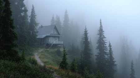 A serene landscape featuring an isolated house surrounded by dense trees and enveloped in mist, creating a tranquil and atmospheric environment perfect for solitude.の素材