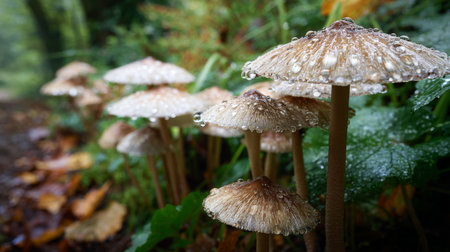 A collection of delicate mushrooms adorned with water droplets sits naturally in a verdant forest. This peaceful scene captures the beauty and tranquility of nature, inviting viewers to appreciate its simplicity.の素材