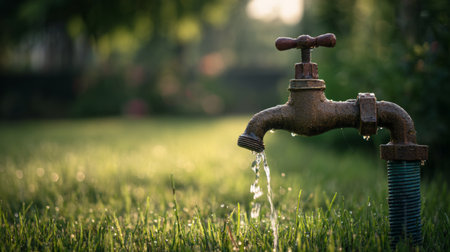 A vintage outdoor water faucet provides a serene view as fresh water drips into lush green grass, capturing the essence of nature and tranquility under warm light.の素材