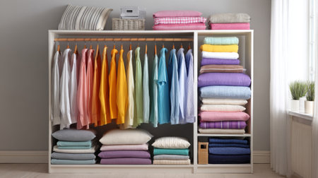 A beautifully organized shelf displaying a variety of colorful shirts hanging neatly, accompanied by neatly folded towels, creating a bright and inviting homely atmosphere.の素材
