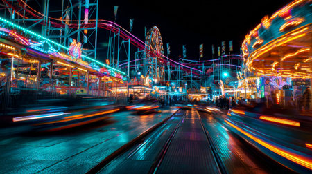 A captivating nighttime carnival scene showcasing vibrant lights and dynamic rides that create an exhilarating atmosphere, perfect for evoking joy and excitement.の素材