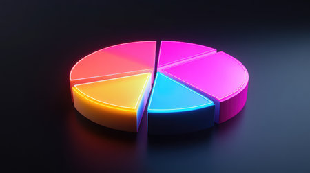 A segmented 3D pie chart with neon-colored slices rotating on a dark background, representing data analysis and statistics with futuristic effects.の素材