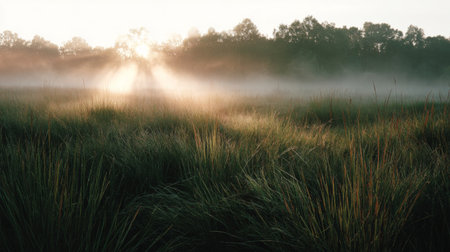 Soft rays of sunlight pierce through a thick layer of fog over a lush meadow, creating a tranquil and serene atmosphere in an enchanting nature scene.の素材