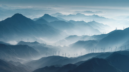 Captivating mountain landscape featuring wind turbines amidst a misty atmosphere. This serene image highlights the beauty of renewable energy in a tranquil natural setting.の素材
