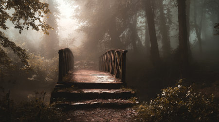 A charming wooden bridge sits gracefully in a foggy forest setting, inviting adventurers to explore the tranquil beauty of nature at sunrise. Perfect for outdoor enthusiasts.の素材