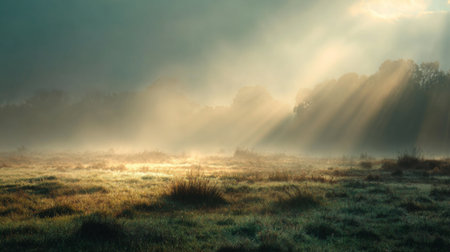 A breathtaking view of a misty meadow at dawn, with soft light rays breaking through the fog and illuminating the serene landscape, creating a tranquil atmosphere.の素材
