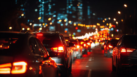This image captures a traffic jam at night in a bustling city, with glowing car lights illuminating the scene and blurred skyscrapers creating a vibrant backdrop.の素材