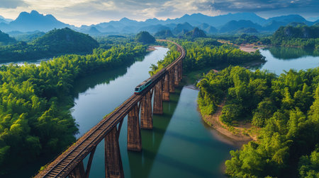 A scenic railway bridge spanning a river, with tracks and a train passing over, illustrating the engineering marvels of railways in beautiful landscapes.の素材