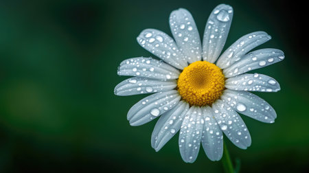 A single daisy with dew drops on its petals, captured in natural light, showcasing the intricate details and freshness of the flower.の素材