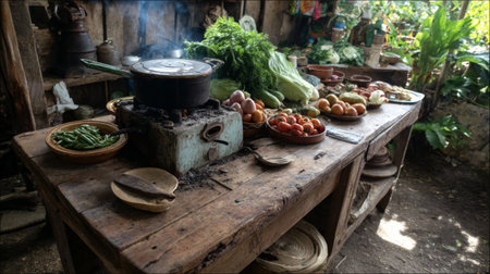 A rustic kitchen scene features a cooking pot amidst an array of fresh vegetables and herbs on a wooden table. Natural light highlights the vibrant colors and textures.の素材