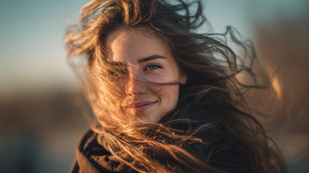 A captivating portrait of a young woman with flowing hair smiling amid a warm sunset. The image radiates joy, freedom, and natural beauty in an outdoor setting.の素材