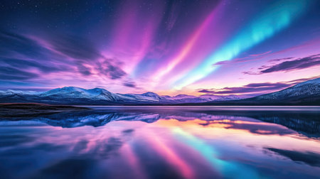 A stunning landscape captured at twilight, showcasing the vibrant colors of the northern lights dancing in the sky above a tranquil lake, reflecting the beauty of nature.の素材