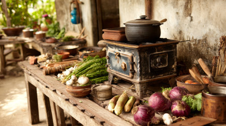 A charming rustic kitchen filled with an array of fresh vegetables and herbs, highlighting a traditional stove surrounded by natural ingredients and culinary tools.の素材