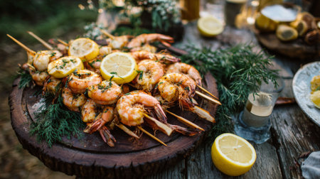 This beautiful arrangement of grilled shrimp skewers garnished with lemon showcases a delightful outdoor dining setup, perfect for gatherings and summer events.の素材