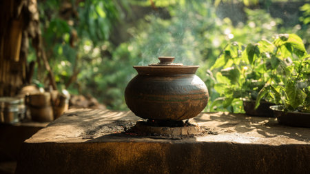 A traditional clay pot sits atop a wooden stove, releasing steam in a serene outdoor kitchen, embraced by lush greenery and offering a glimpse into rustic culinary traditions.の素材