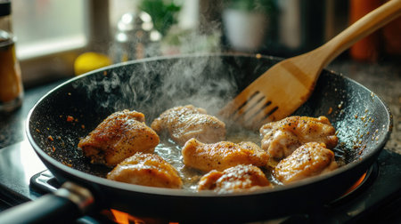 A sizzling skillet with seasoned chicken thighs cooking over high heat, with steam rising and a wooden spatula resting beside, capturing the essence of home cooking.の素材