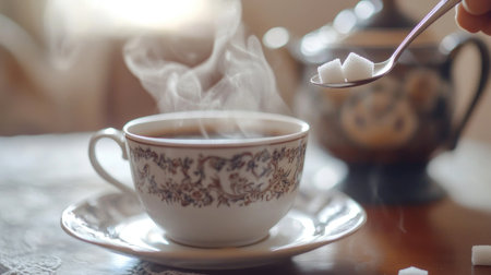A steaming cup of coffee being sweetened with a spoonful of sugar, with sugar cubes and a decorative sugar bowl in the background, highlighting the coffee ritual.の素材