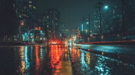 A captivating nighttime urban scene showcasing vibrant reflections of street lights on wet pavement. The striking interplay of color and light creates a moody atmosphere.の素材