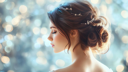 A side profile of a woman with a classic updo, showcasing elegant hairpins, perfect for formal occasions, with a soft-focus background enhancing her grace.の素材