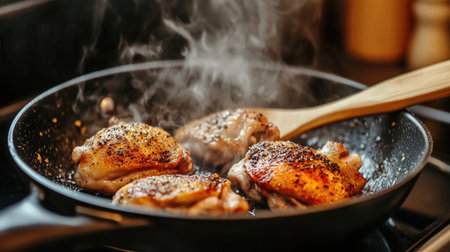 A sizzling skillet with seasoned chicken thighs cooking over high heat, with steam rising and a wooden spatula resting beside, capturing the essence of home cooking.の素材