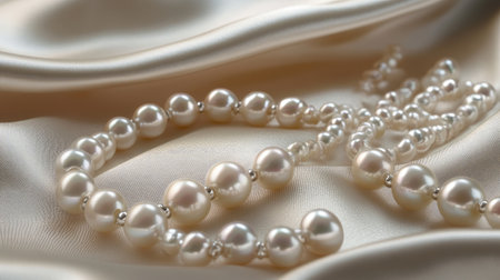 A set of pearl jewelry, including a necklace, earrings, and a bracelet, displayed on a soft satin surface, with light emphasizing the pearls' perfect roundness and shine.の素材