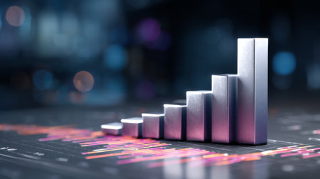 A visually striking image of a rising bar graph on a blurred digital background, symbolizing financial growth and success in a contemporary business context.の素材