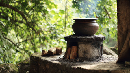 A traditional cooking pot rests on a rustic stove, emanating smoke amidst lush greenery, capturing the essence of outdoor culinary experiences and homely warmth.の素材
