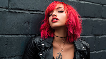 A striking photo of a woman with a bold, edgy haircut and vibrant hair color, posing confidently in an urban setting, capturing modern beauty and self-expression.の素材