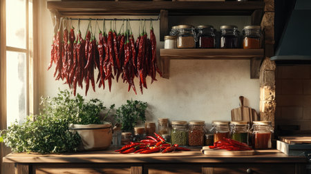 A rustic kitchen scene with fresh chilies hanging to dry, jars of chili oil, and herbs on a countertop, capturing the essence of homemade cooking.の素材
