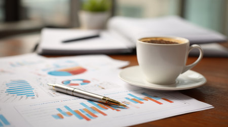 A well-organized business workspace featuring a cup of coffee, detailed charts, and reports, perfect for corporate planning and analysis in an inspiring modern office setting.の素材