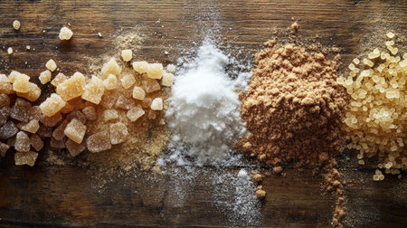 A rustic wooden table adorned with different types of sugar, including brown sugar, powdered sugar, and raw sugar, showcasing their unique textures.の素材