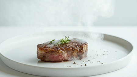A steak searing on a white plate, with smoke rising and a few fresh herbs sprinkled on top, creating a dynamic and appetizing image against a white background.の素材