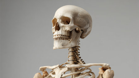 Detailed anatomical human skeleton model designed for educational purposes. Ideal for biology classrooms, medical training, and anatomical studies showcasing human structure.の素材