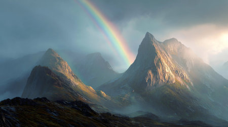Explore the captivating beauty of majestic mountain peaks beneath a dramatic sky, featuring a vibrant rainbow and misty landscape that evokes serenity and adventure.の素材