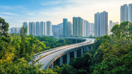 A scenic view of an elevated expressway winding through a city skyline, with tall buildings and greenery below, capturing the blend of nature and architectureの素材