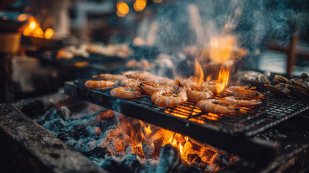 A vibrant scene of shrimp grilling over charcoal, releasing smoke and flames, highlights the art of outdoor cooking with a focus on flavor and rustic charm.の素材