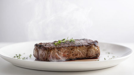 A steak searing on a white plate, with smoke rising and a few fresh herbs sprinkled on top, creating a dynamic and appetizing image against a white background.の素材