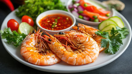 A serving of grilled prawns on a white plate, accompanied by a spicy dipping sauce and fresh vegetable garnishes, emphasizing a delightful seafood dish.の素材