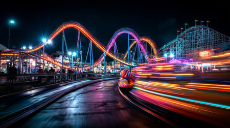 A stunning night image of a vibrant roller coaster with colorful lights and a sense of speed, encapsulating the thrill and excitement of an amusement park experience.の素材