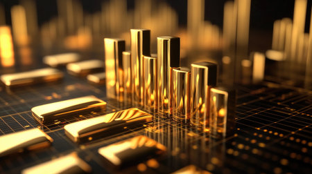 A shining 3D gold bar chart with tall bars and shadows, rising from a digital platform filled with stock data, representing gold as a stable investment.の素材