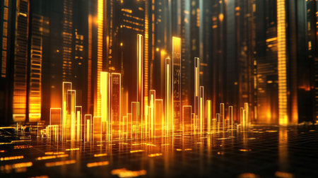 A shining 3D gold bar chart with tall bars and shadows, rising from a digital platform filled with stock data, representing gold as a stable investment.の素材
