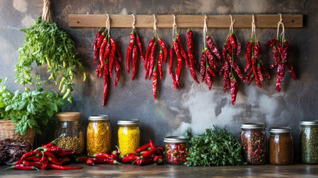 A rustic kitchen scene with fresh chilies hanging to dry, jars of chili oil, and herbs on a countertop, capturing the essence of homemade cooking.の素材